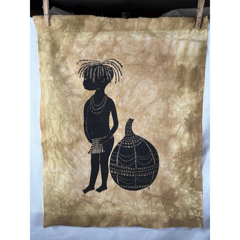 Heidi Lange Batik Screen Print Art Turkana Child Canvas Fabric 17.5x22 in. Kenya